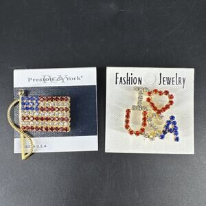 Vtg Patriotic Stars/Stripes USA American Flag & I USA Rhinestone Brooch Pins